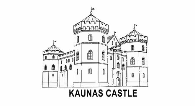 A monochrome ink drawing of a European castle with battlements, towers, and flags flying