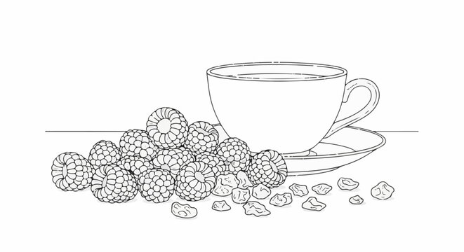 A line drawing of a cup of tea with raspberries and raisins