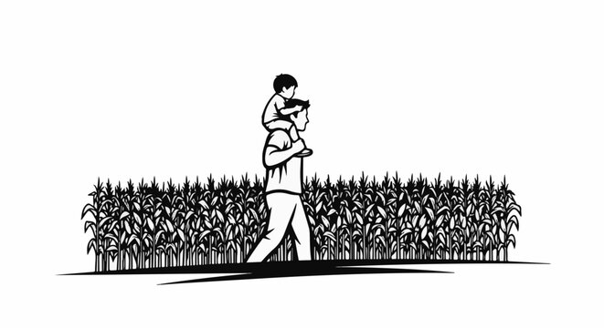 A man carries a child on his shoulders through a cornfield