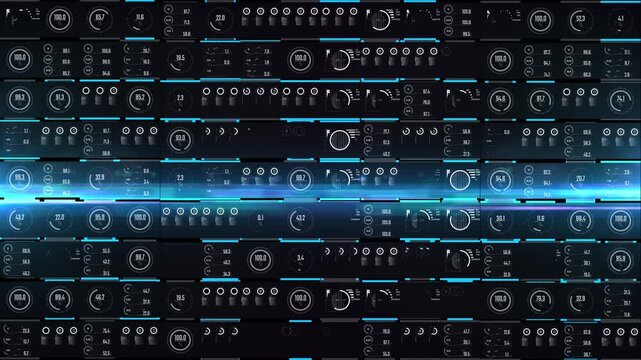 Advanced HUD digital dashboard with multiple data panels, percentage gauges, and loading bars. Futuristic UI interface for big data analysis and cybersecurity
