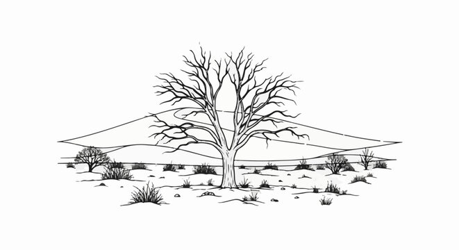 A barren tree stands in a desolate landscape with rolling hills