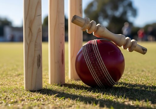 Cricket ball and wickets on grass field, with bat handle resting on red ball white stitching cricket wickets