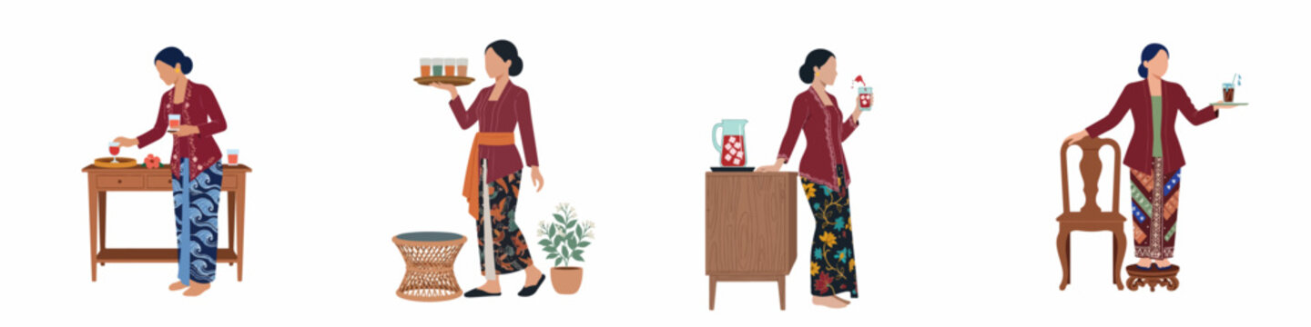 Set of flat illustrations featuring Indonesian women in traditional kebaya and batik sarong, serving drinks and posing, isolated on white background.