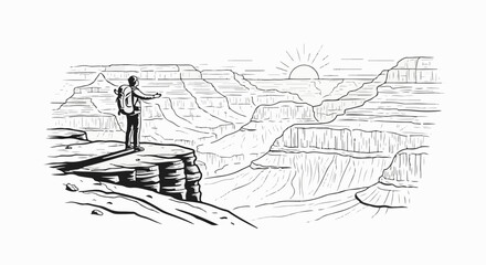 Obraz premium A lone hiker stands at the edge of a vast canyon at sunrise, arms outstretched