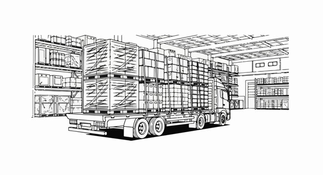 Warehouse interior with a fully loaded truck ready for dispatch