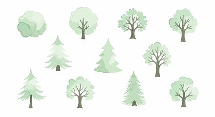 Minimalist green tree collection, set of 11 watercolor style forest plant vectors, soft pastel garden foliage icons for landscape design and mapping © DEVDASS