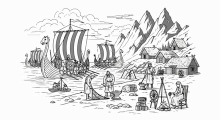 Obraz premium Viking settlement with longships, mountains, and daily life activities depicted