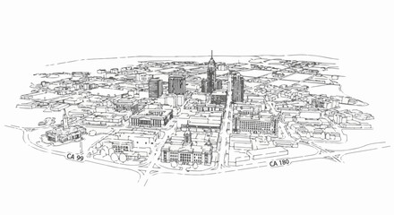 Fototapeta premium Bird's eye view sketch of a dense cityscape with tall buildings and intersecting highways