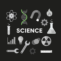 Science themed icons and symbols representing various fields of study. © Rara