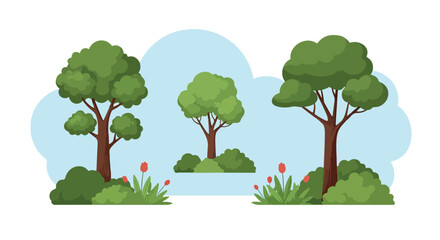 Flat vector green trees set, organic forest vegetation with bushes and red flowers, natural landscape elements for park and garden illustration © AbdullahStudio