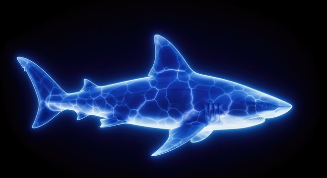 Glowing Blue Shark Swimming Against Dark Underwater Background