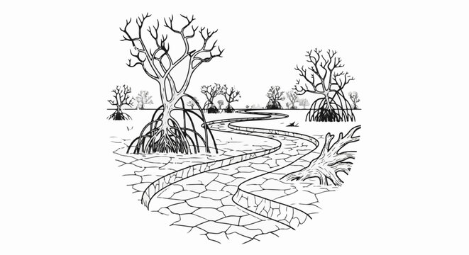 Stylized sketch of a winding path through a mangrove swamp