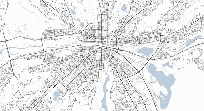 Detailed map showing city layout, urban sprawl, rivers, and surrounding nature