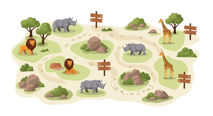 Safari zoo map vector illustration, wild african animals in park landscape, lion giraffe and rhino wildlife sanctuary with wooden signs and paths © AbdullahStudio