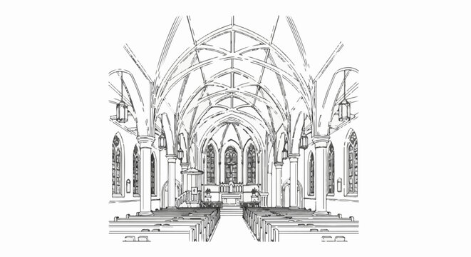 Grand cathedral interior with vaulted ceilings, stained glass, and pews
