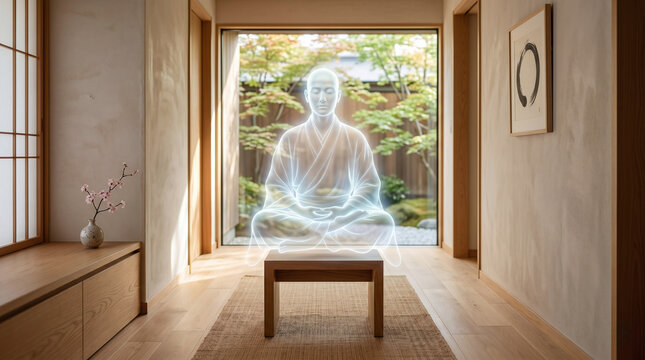 A glowing, translucent ghost meditating on a sleek wooden stool in a sunlit, uncluttered Japandi hallway