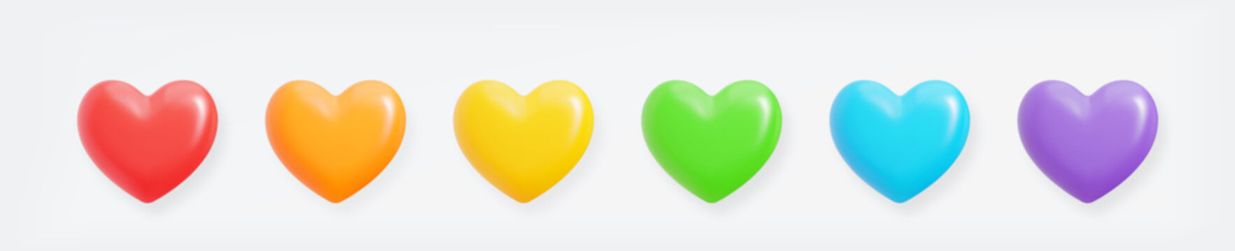 3D rainbow heart shape icon set isolated on light background. Balloon realistic glossy love symbol . Minimalist element for social media, web interface, and romantic design