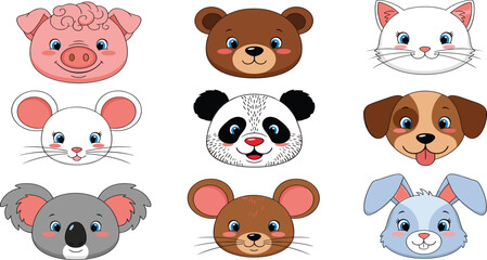 Fototapeta premium Charming Cartoon Animal Face Portrait Set with Pig, Bear, Cat, Mouse, Panda, Dog, Koala, and Rabbit for Stickers and Children Illustrations.