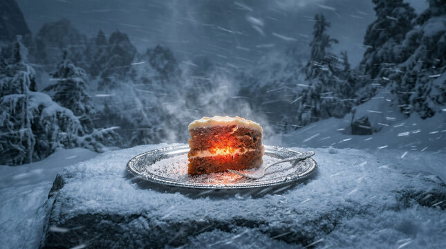 A glowing, warm piece of cake resting on a silver platter in the middle of a brutal, icy blizzard