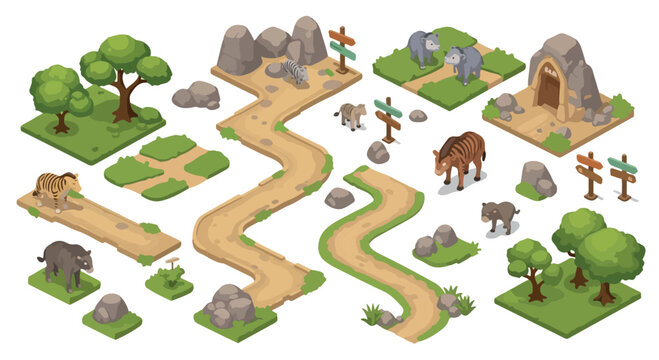 Isometric safari park map elements, wild animal zoo constructor set with path tiles, nature landscape vector kit for game design and world building