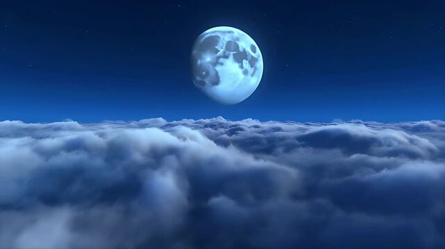 Beautiful Moon in the Skies. Flying Over the Infinite Clouds with the Night Moon Shining Seamless. Looped 3d Animation with Moonlight Over the Horizon. 4k Ultra HD.