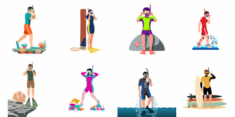 Set of flat illustrations featuring diverse people in wetsuits and snorkeling gear preparing for underwater exploration in various coastal and marine settings. © Muqodimatul