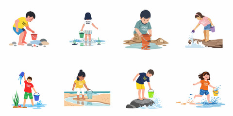 Fototapeta premium Vector illustration set of diverse children playing with buckets and water at the beach, exploring nature and enjoying summer vacation fun.
