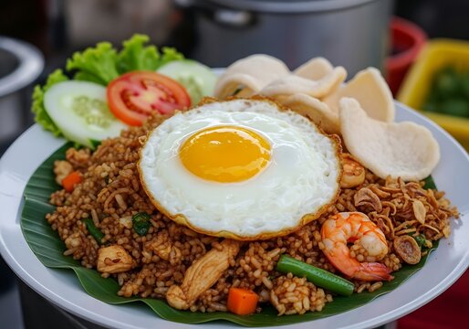 Nasi goreng indonesian fried rice with sunny-side up fried egg, shrimp, vegetables, and krupuk crackers on a banana leaf-lined plate