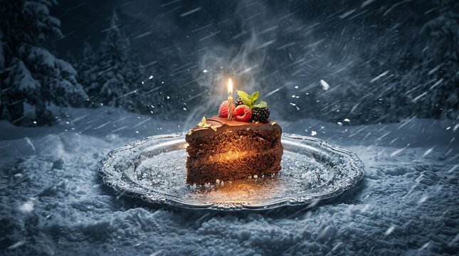 A glowing, warm piece of cake resting on a silver platter in the middle of a brutal, icy blizzard
