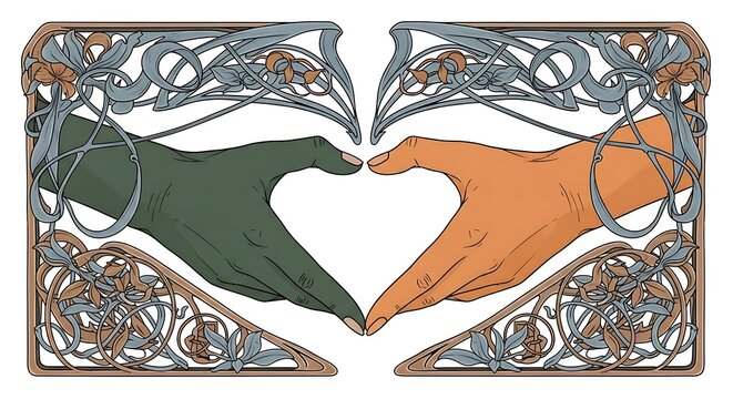 Two hands reaching out to each other in an ornate art nouveau frame