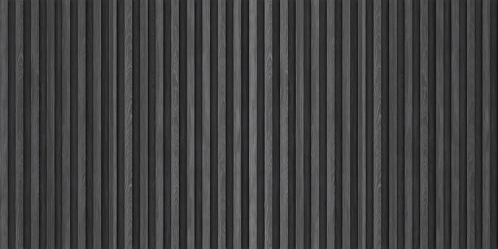 SEAMLESS background of dark gray wooden wall panel, natural wood paneling texture, decorative accent wall or acoustic panel design, repeating pattern.