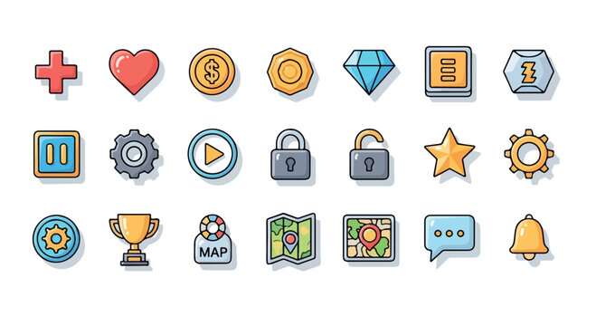 Cartoon game icons set, 21 colorful mobile gaming interface elements, flat vector symbols for video game ui and app navigation menus