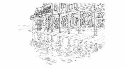 Fototapeta premium Seaside houses on stilts over water, reflected in the ripples