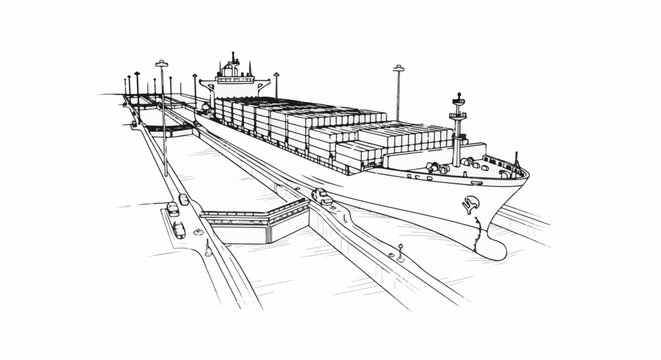 Sketch of a large container ship in a dry dock facility