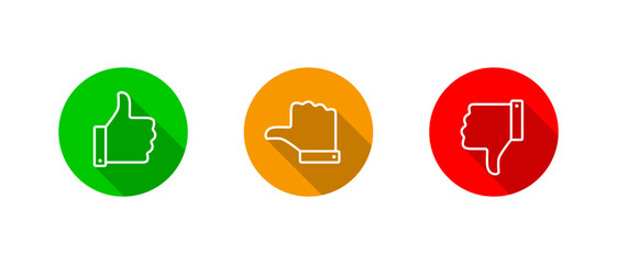 Fototapeta premium Thumbs up, sideways, and down outline icon. Like, neutral, and dislike symbol with long shadow