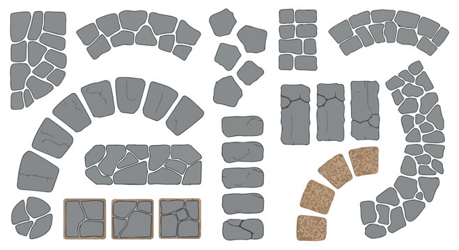 Stone paving vector set, grey cobblestone path elements for garden landscaping, rustic flagstone walkway textures and masonry blocks