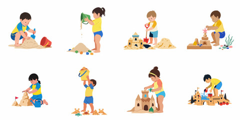 Fototapeta premium Collection of diverse young children playing with sand and building sandcastles at the beach, flat vector illustration isolated on white background