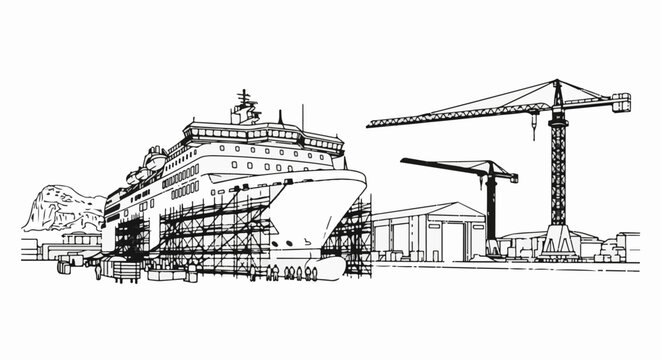 Ship under construction at a shipyard with cranes and buildings