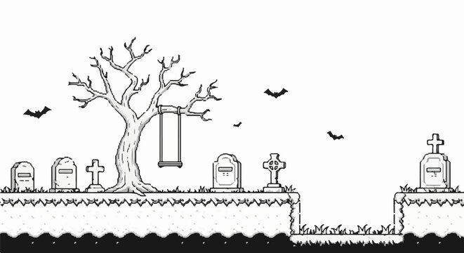 Spooky graveyard scene with bare tree, swinging tombstone, and bats