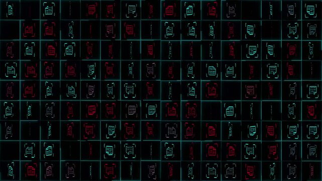 Digital grid of document icons and data files in blue and red. concept of cloud storage, big data management. Technology animated background