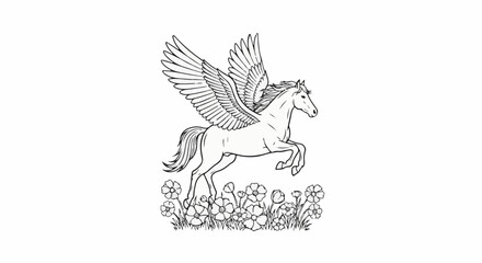 Naklejka premium Mythical winged horse leaps joyfully over a field of blooming flowers