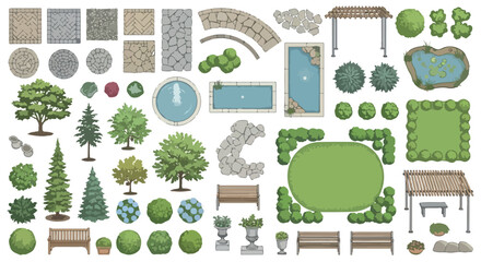 Landscape design elements set, garden plan icons with trees and bushes, outdoor architecture vector collection for backyard planning and park mapping © DEVDASS