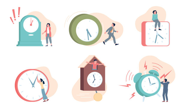 People with giant clock. Time management and deadline. Business characters hurry and late, slow down watch hands, planning day, recent vector set