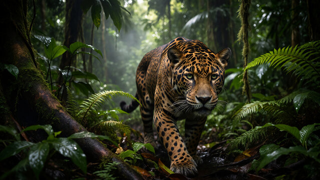 Jaguar in rainforest looking at camera in natural habitat (Jaguar na floresta tropical olhando para a c&acirc;mera em seu habitat natural.)