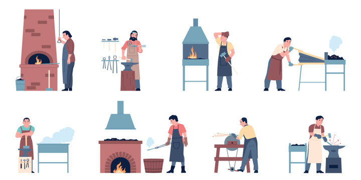 Blacksmith characters. Workers working with metal, forge men with equipment, bellows, hammer. Flat craftsman, handyworker, recent vector set
