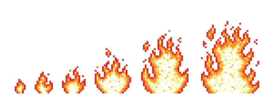 Pixel flame ignition stages. Fire animation, 8 16 bit game design elements. Retro style computer gaming, ui ux design arcade, tidy vector clipart