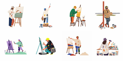 Fototapeta premium Collection of diverse artists and painters in paint-stained clothing creating various artworks on canvases and easels in a flat illustration style.