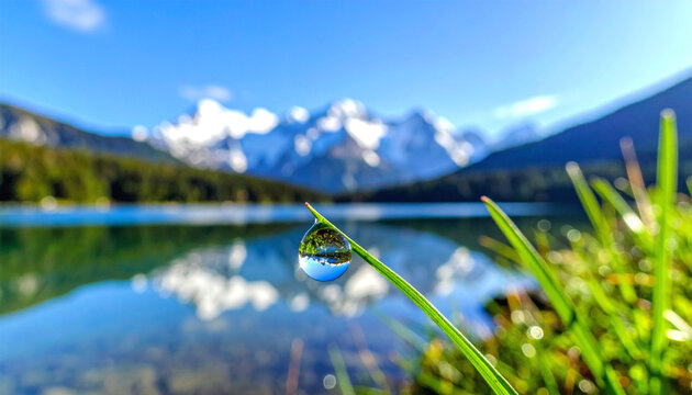 Dew droplet reflection on grass blade with mountain view