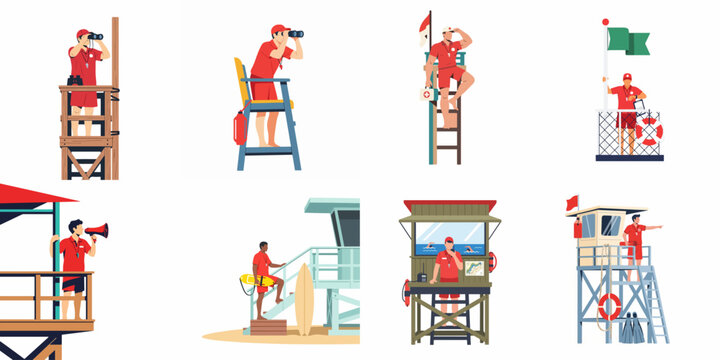 Set of Beach Lifeguards in Various Lookout Stations and Towers Using Safety Equipment Like Binoculars and Megaphones for Coastal Surveillance and Protection.