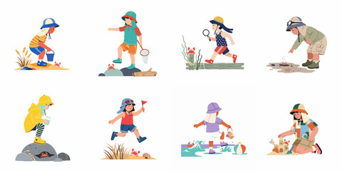 Fototapeta premium A collection of cute illustrations featuring children exploring the beach, catching crabs, building sandcastles, and enjoying coastal nature activities.